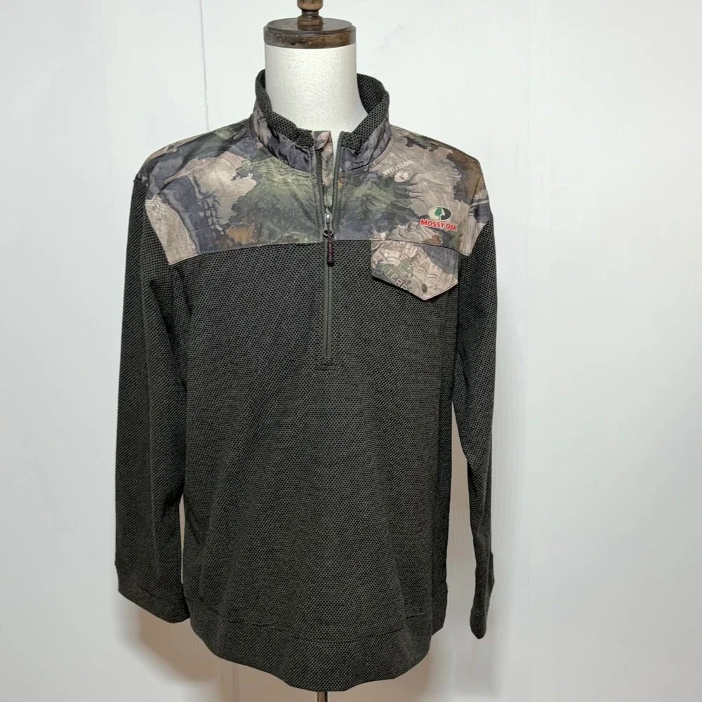 Mossy Oak 1/4 Zip Pullover Men XL Black Gray Camo Pocket Long Sleeve Hunting